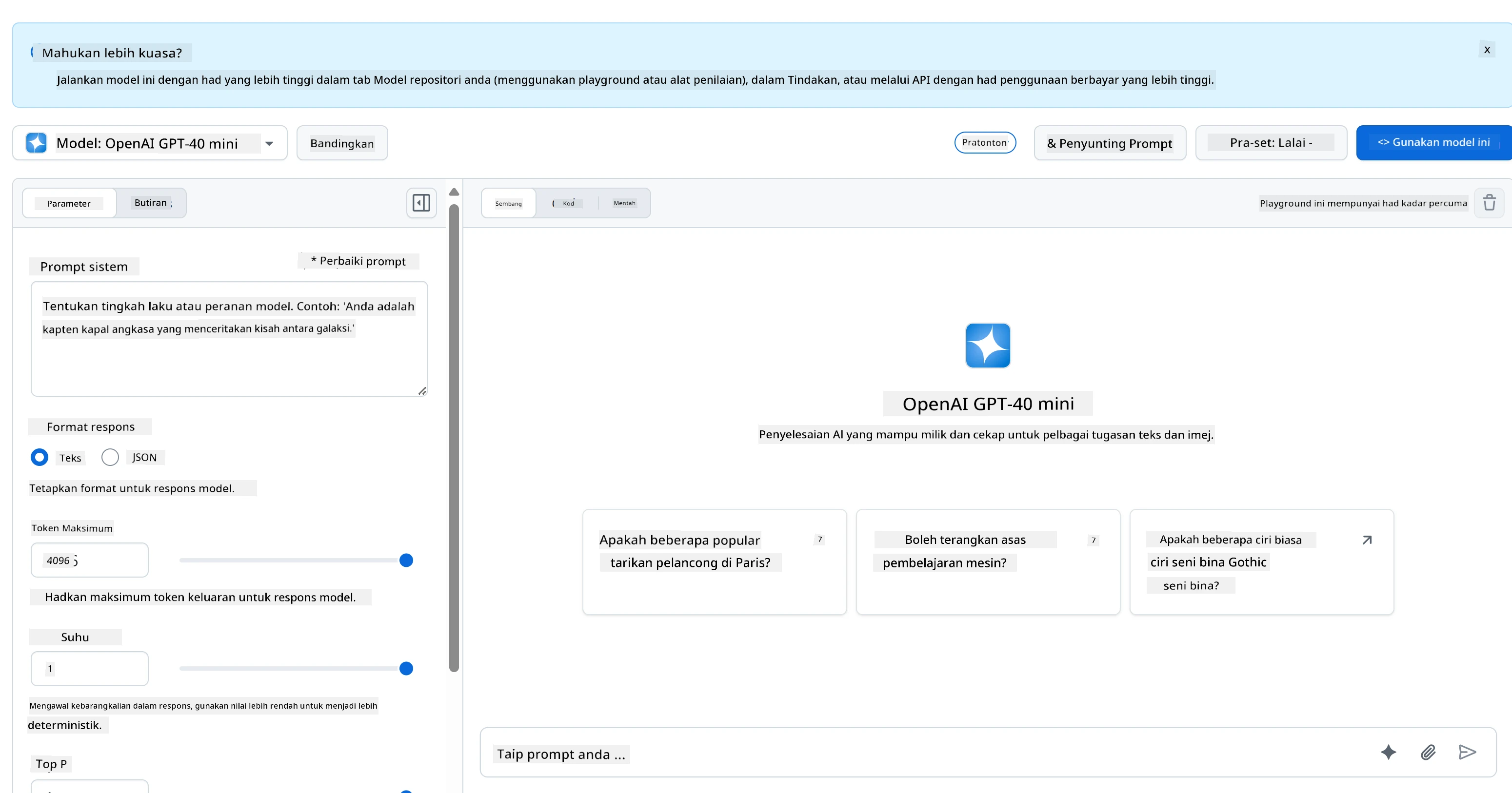 Antara muka GitHub Models AI Playground dengan pilihan model dan kawasan ujian