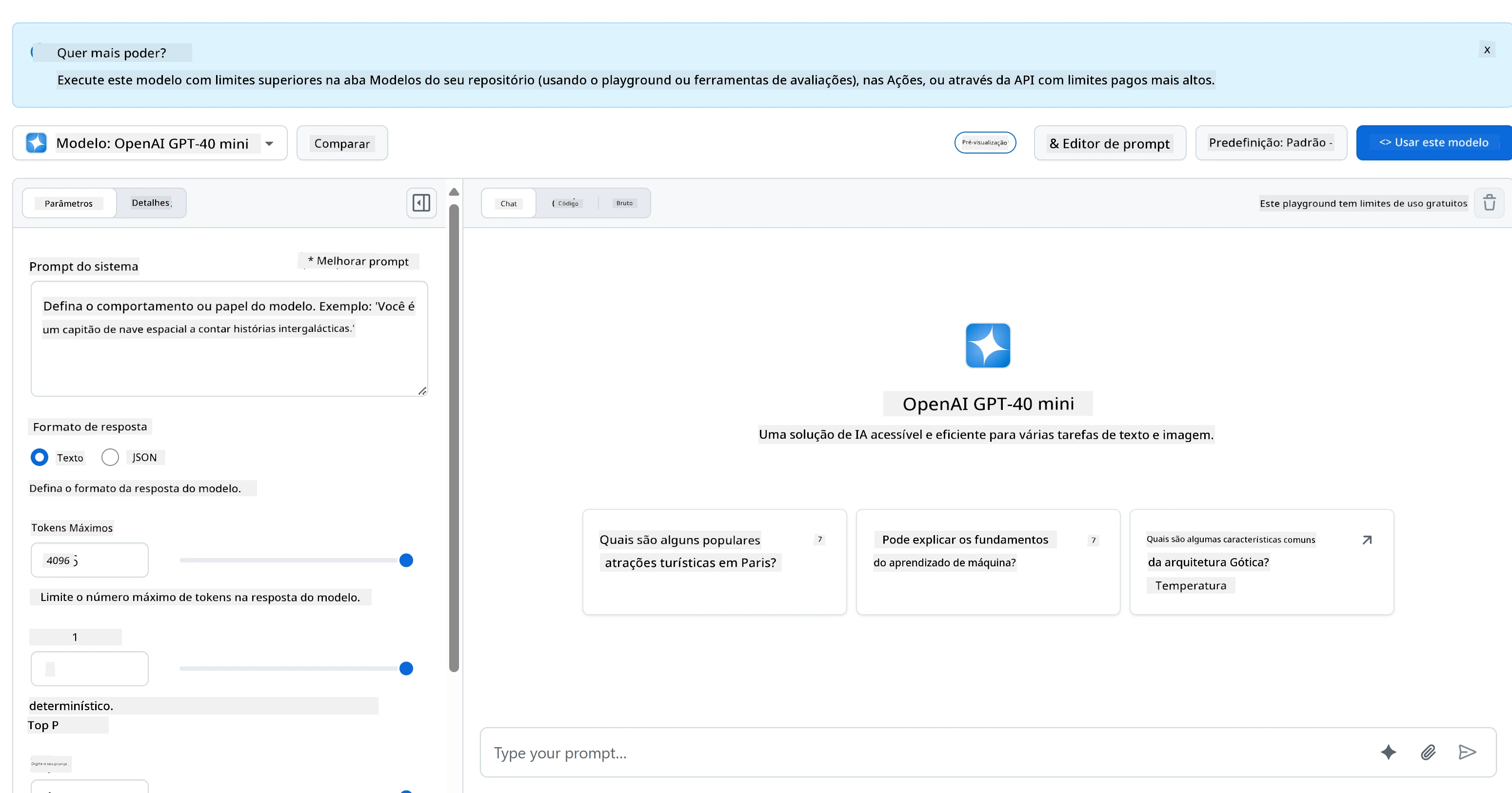 GitHub Models AI Playground interface with model selection and testing area