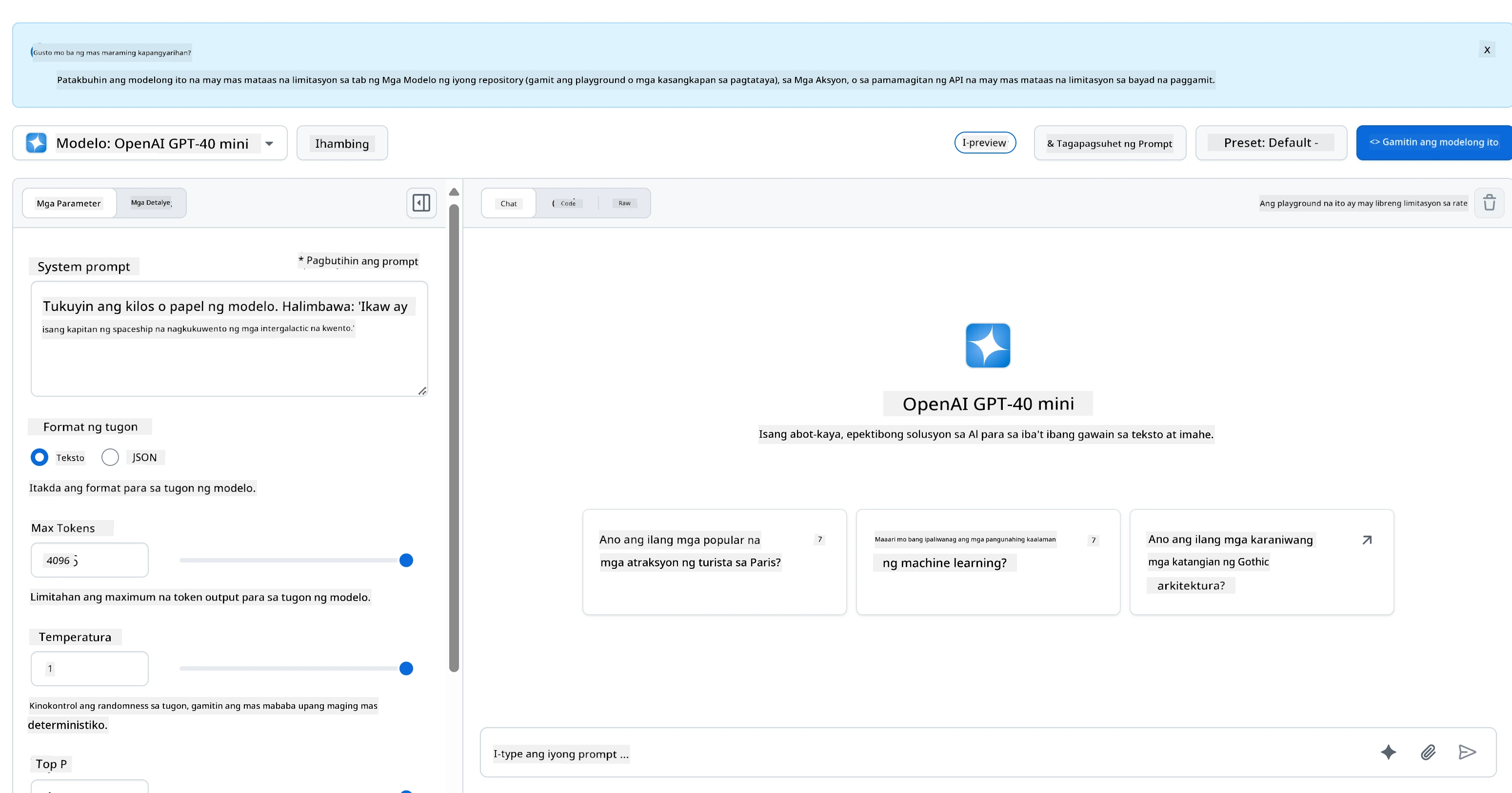 GitHub Models AI Playground interface na may model selection at testing area