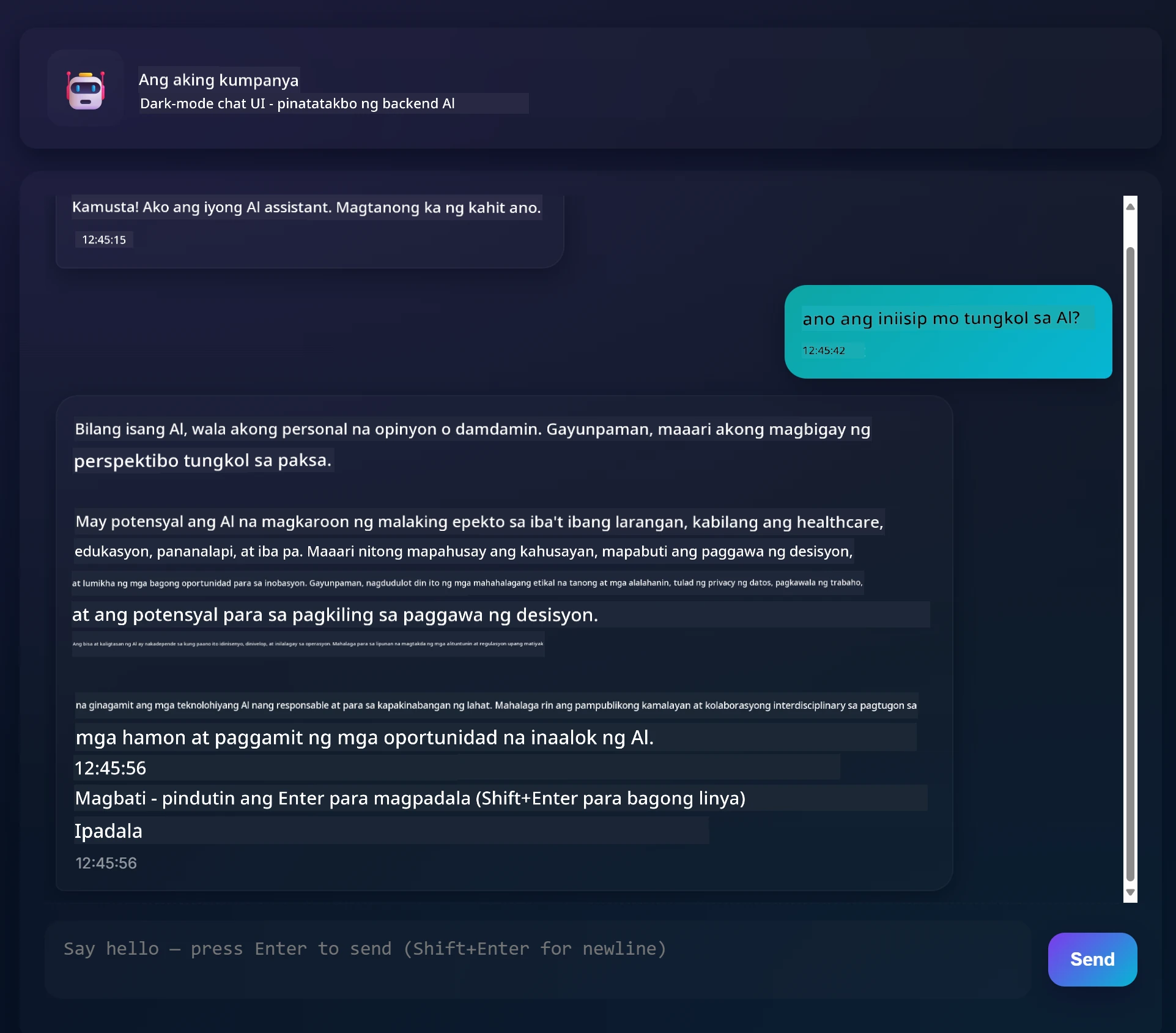 Chat app interface na nagpapakita ng usapan sa pagitan ng user at AI assistant