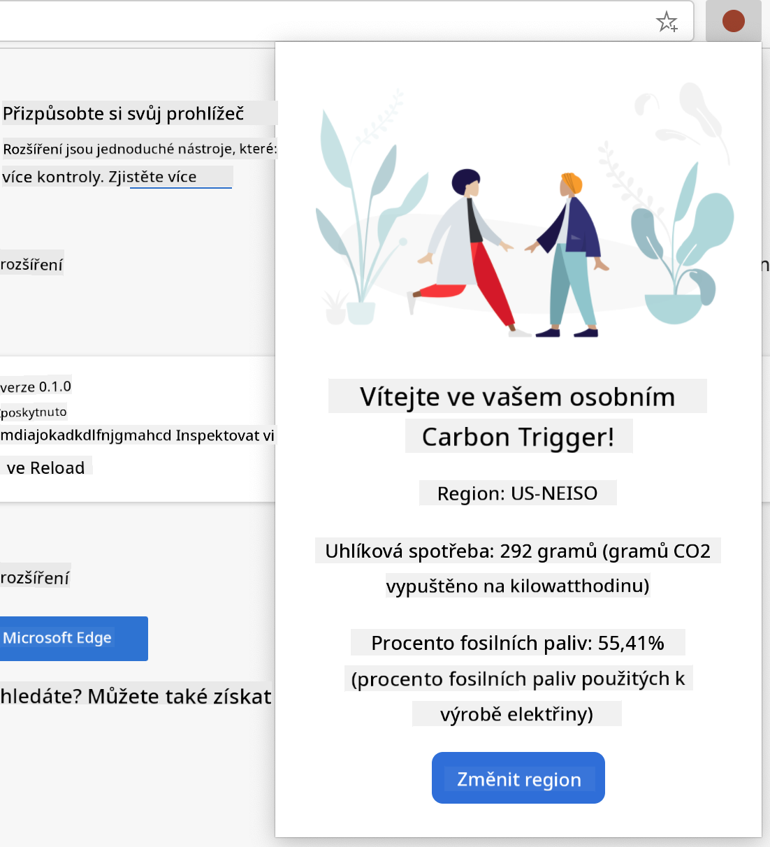 snímek obrazovky dokončeného rozšíření zobrazujícího hodnoty uhlíkové spotřeby a procento fosilních paliv pro region US-NEISO.