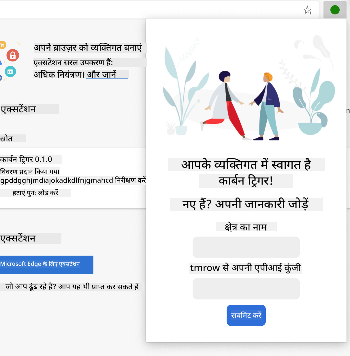 ब्राउज़र में खुले एक्सटेंशन का स्क्रीनशॉट, जिसमें क्षेत्र नाम और API कुंजी के लिए इनपुट वाला फॉर्म प्रदर्शित है।
