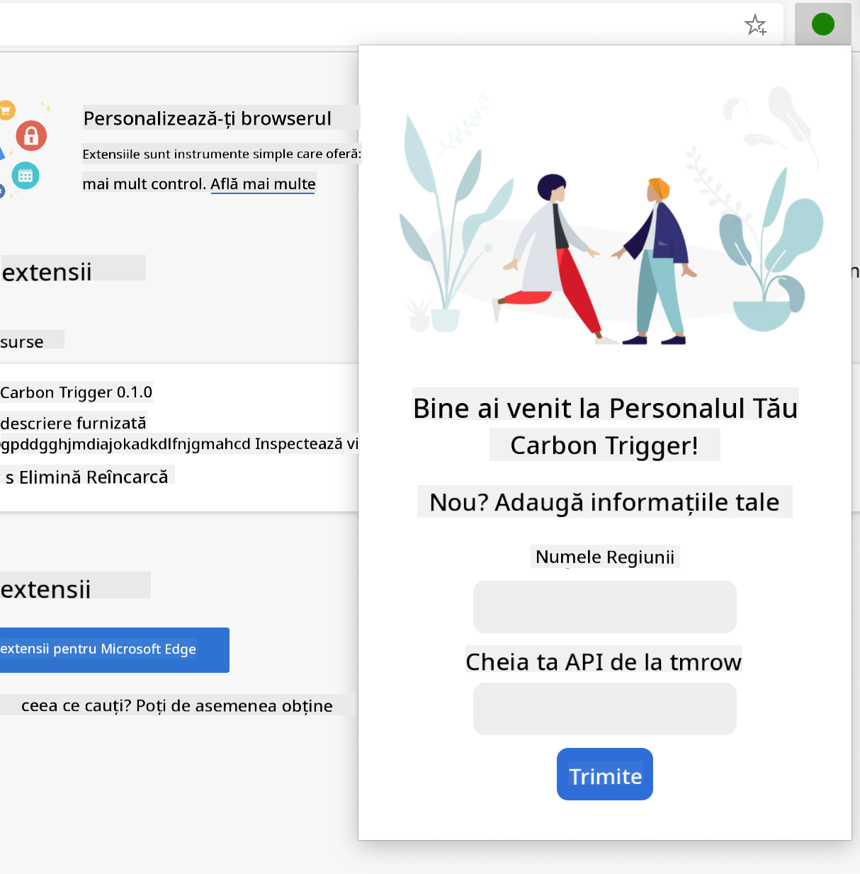 captură de ecran a extensiei finalizate deschise într-un browser, afișând un formular cu câmpuri pentru numele regiunii și cheia API.