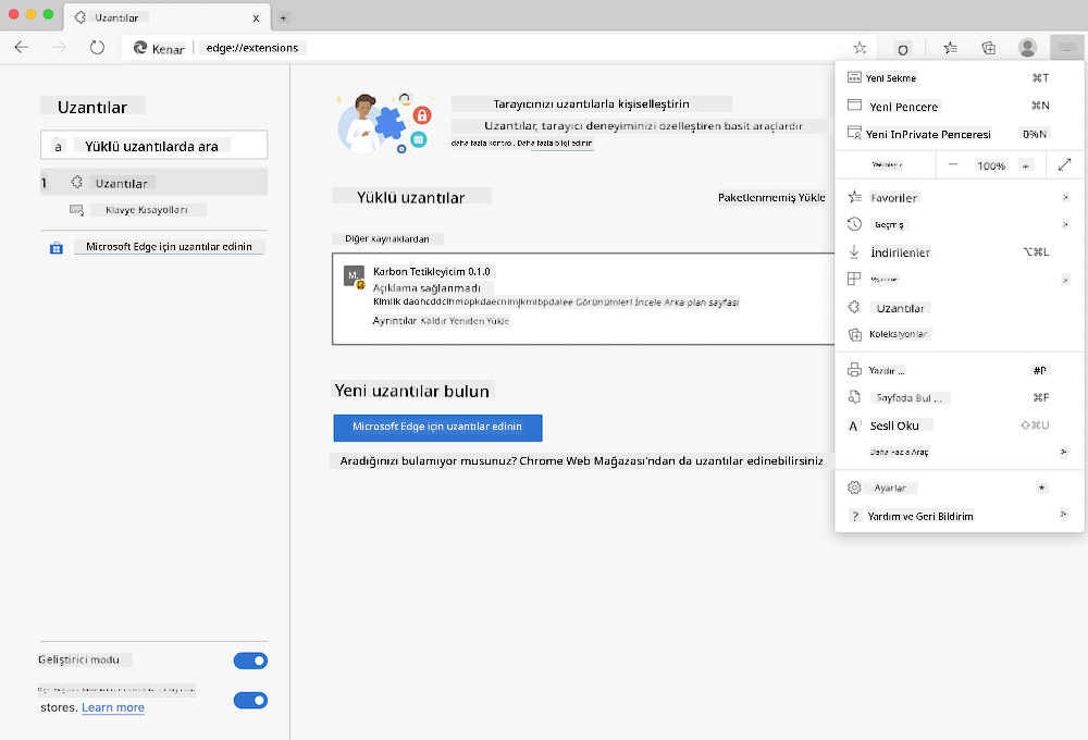 Edge tarayıcısının açık edge://extensions sayfasını ve açık ayarlar menüsünü gösteren ekran görüntüsü