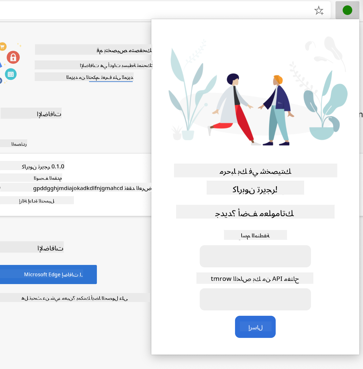 لقطة شاشة للإضافة المكتملة مفتوحة في المتصفح، تعرض نموذجًا يحتوي على مدخلات لاسم المنطقة ومفتاح API.