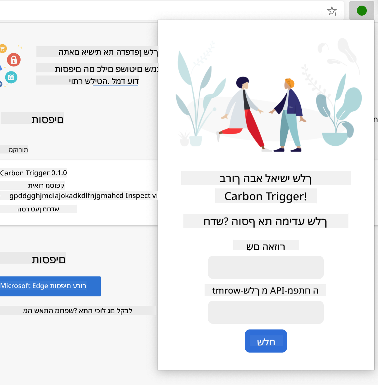 צילום מסך של התוסף המושלם פתוח בדפדפן, מציג טופס עם שדות להזנת שם אזור ומפתח API.