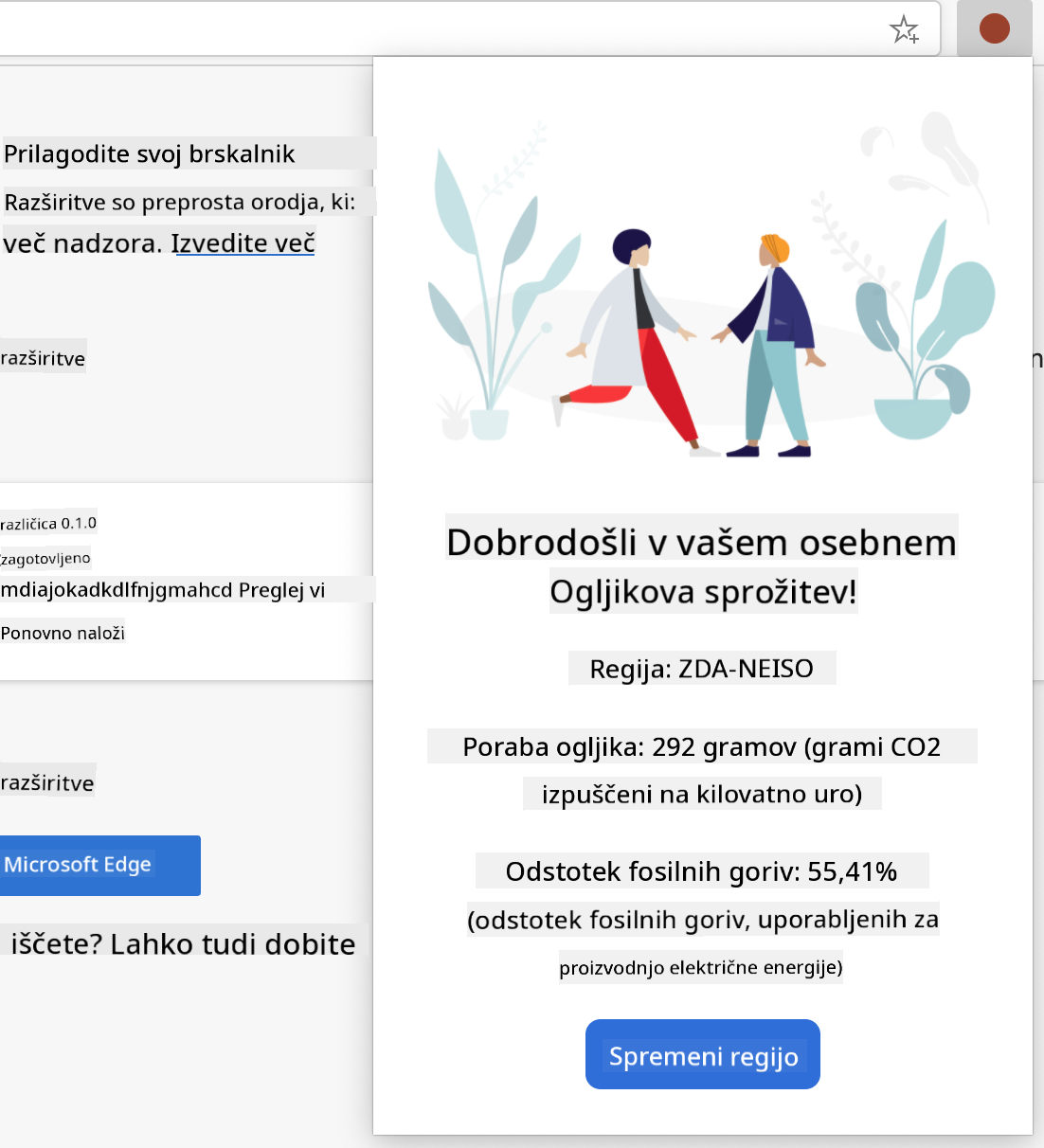 posnetek zaslona dokončane razširitve, ki prikazuje vrednosti za ogljično porabo in odstotek fosilnih goriv za regijo US-NEISO.