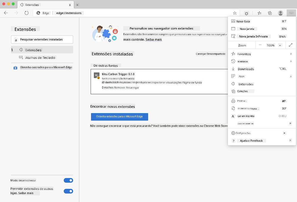 captura de tela do navegador Edge mostrando a página edge://extensions aberta e o menu de configurações aberto