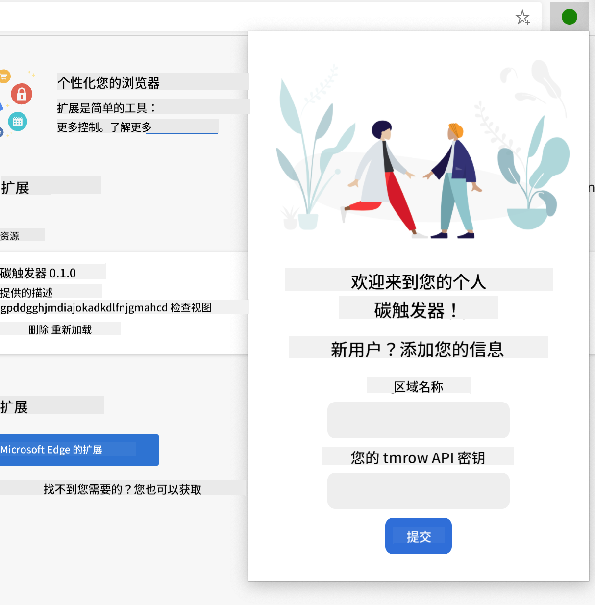 完成的扩展截图,显示一个包含地区名称和 API 密钥输入的表单