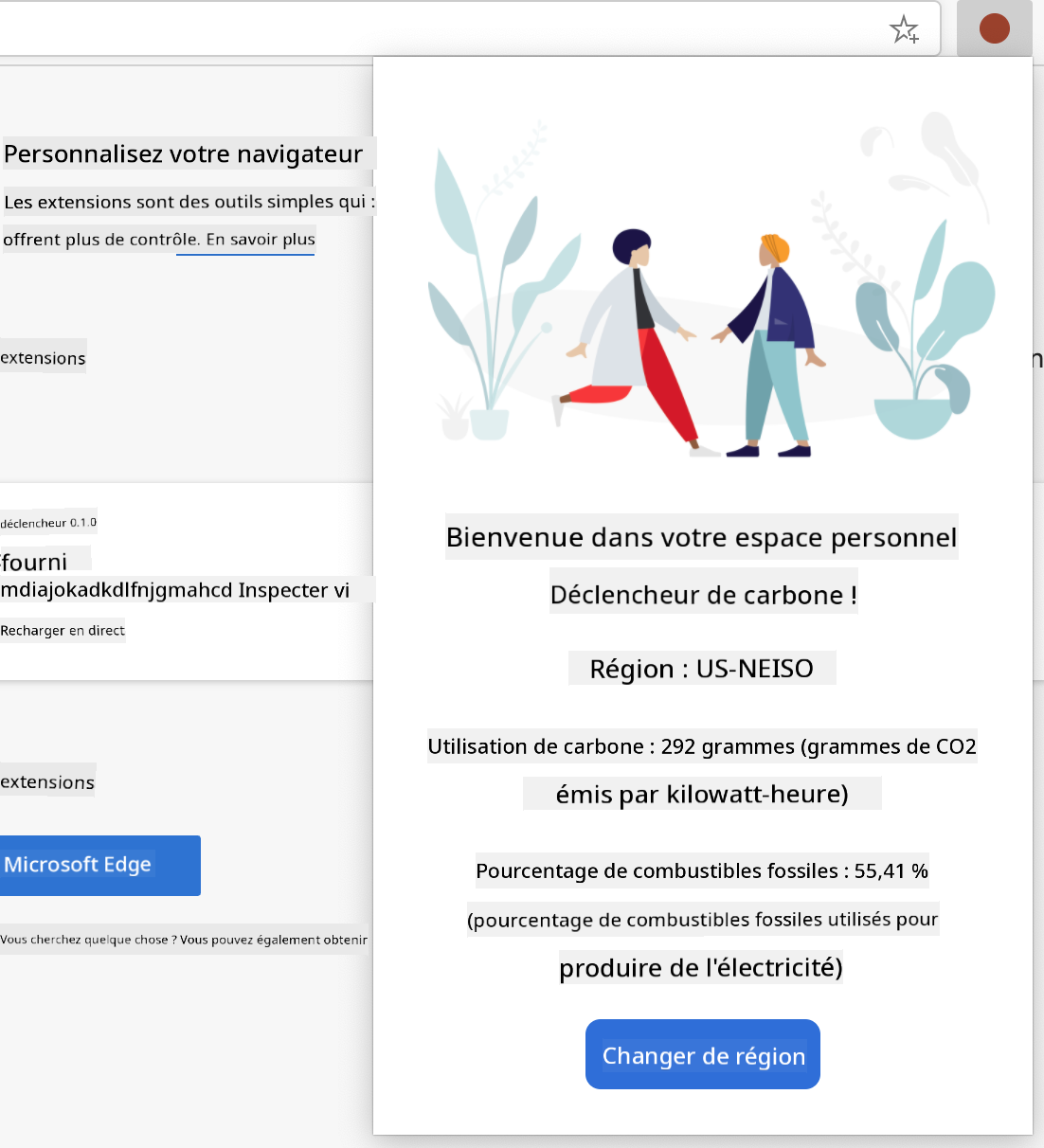capture d'écran de l'extension terminée affichant les valeurs de consommation de carbone et le pourcentage de combustibles fossiles pour la région US-NEISO.
