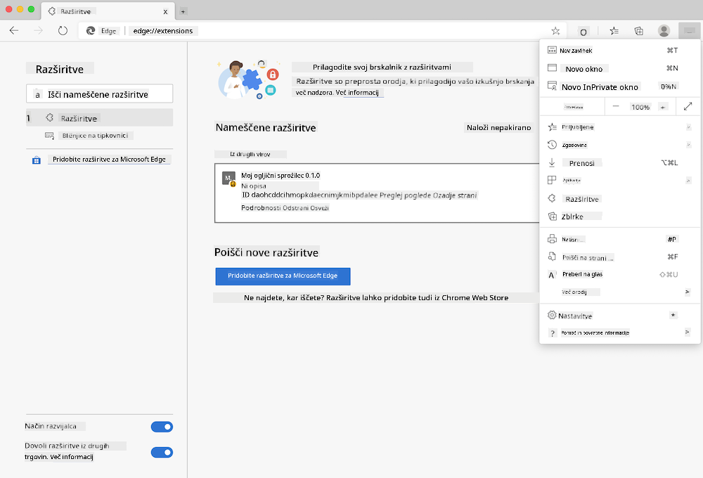 posnetek zaslona brskalnika Edge, ki prikazuje odprto stran edge://extensions in odprt meni nastavitev