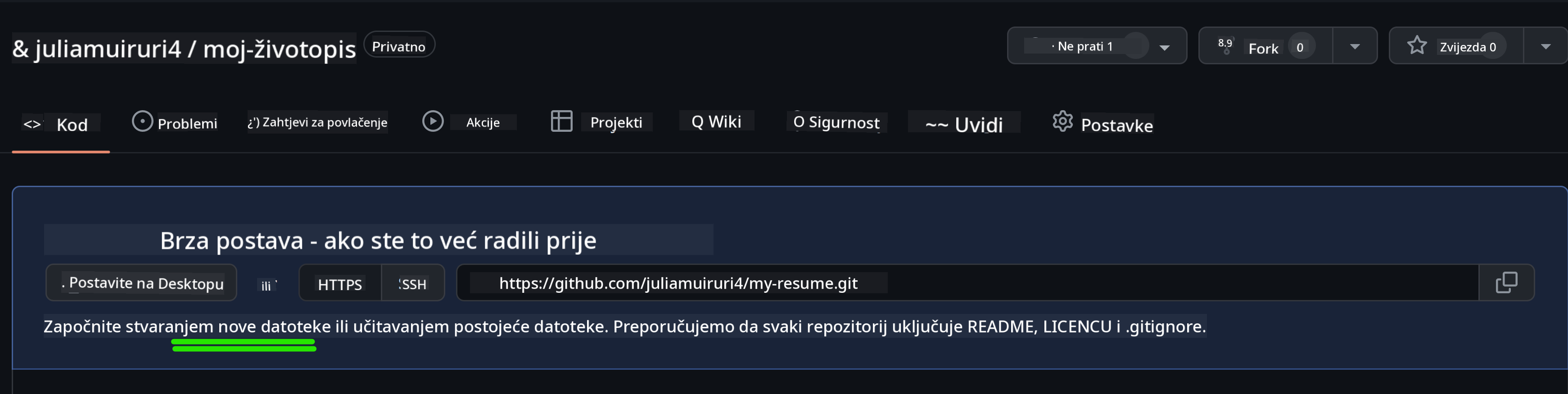 Kreiranje početne datoteke na GitHubu