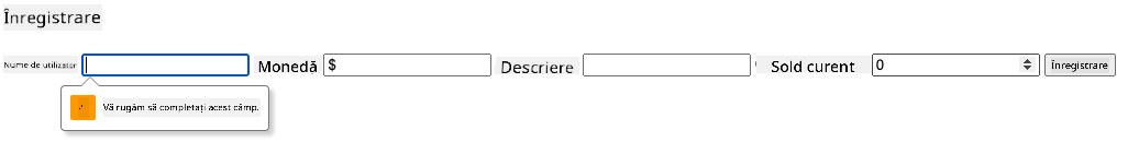 Captură de ecran care arată eroarea de validare la încercarea de a trimite formularul