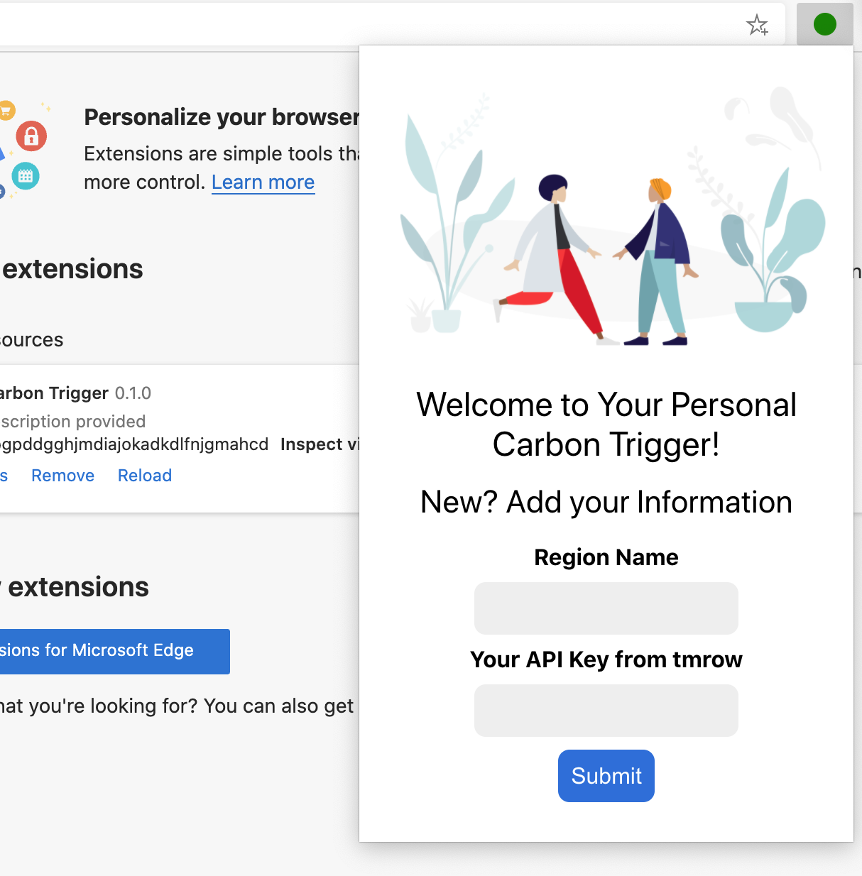 在瀏覽器擴充功能中,顯示 API key與國家區域代碼的輸入欄截圖