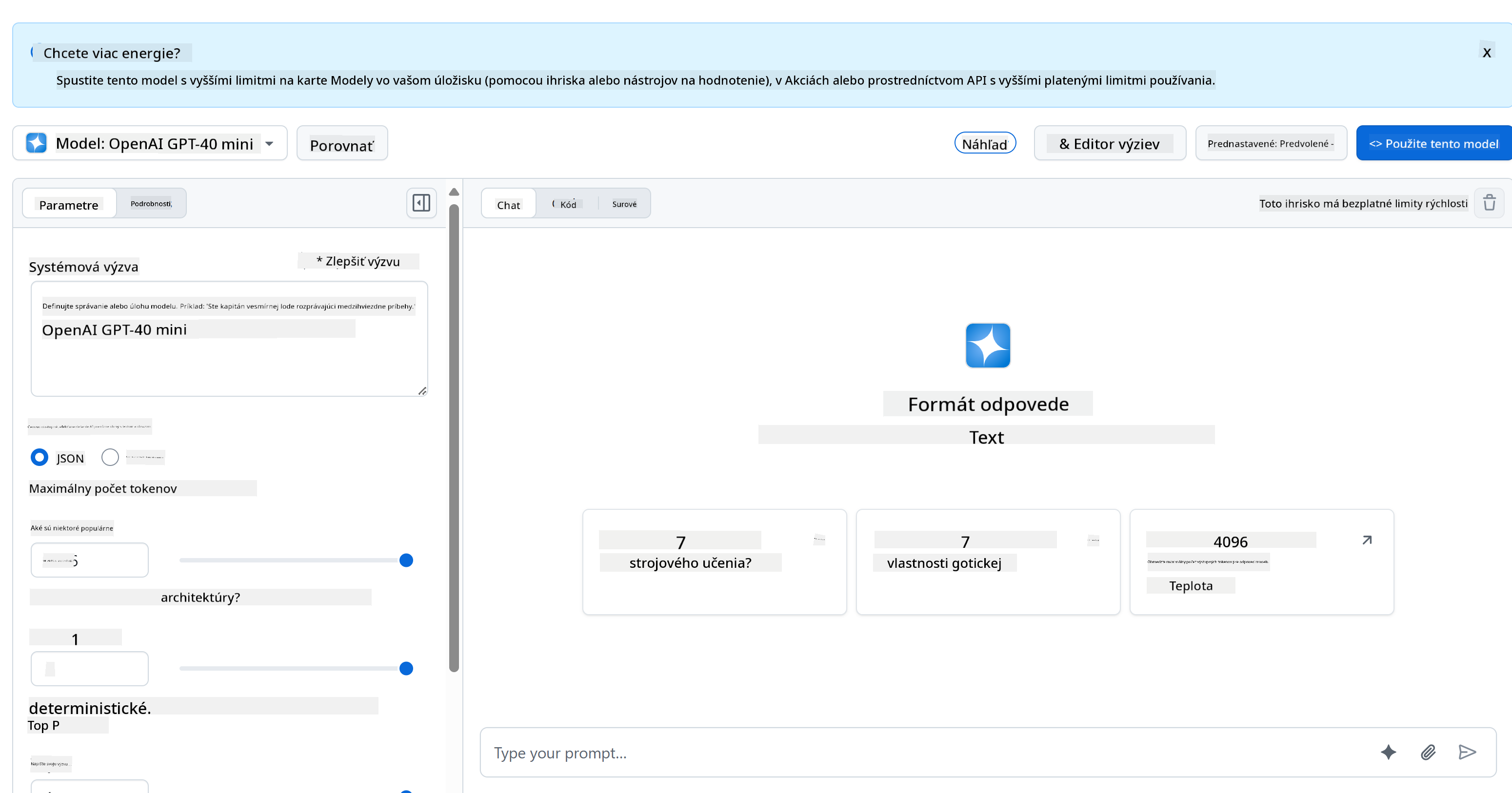 Rozhranie GitHub Models AI Playground s výberom modelu a testovacou oblasťou