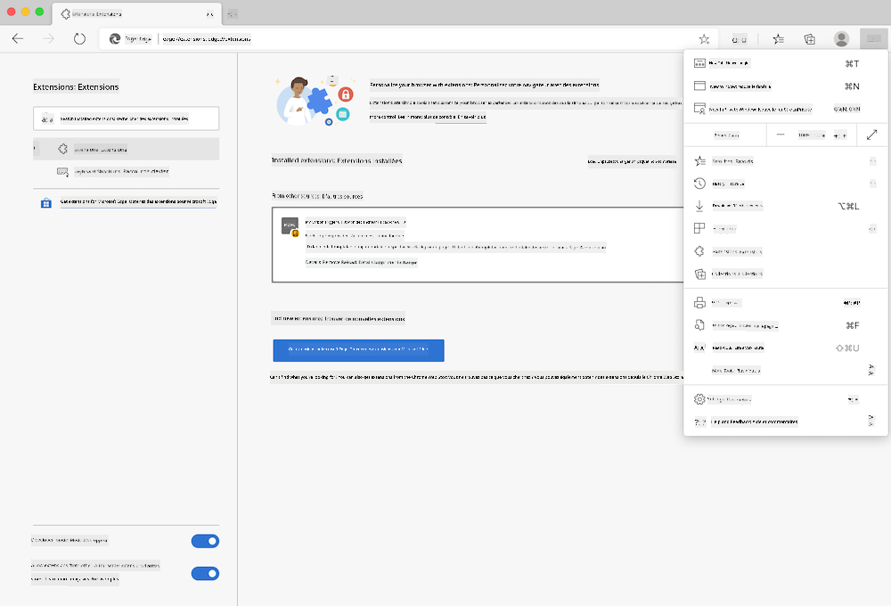 capture d'écran du navigateur Edge montrant la page edge://extensions ouverte et le menu des paramètres ouvert
