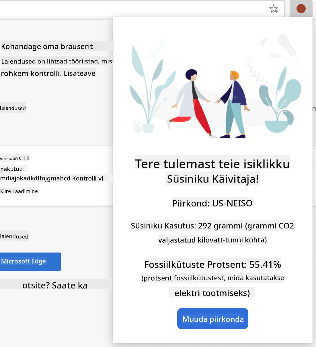 Ekraanipilt valmis laiendist, mis kuvab süsinikukasutuse ja fossiilkütuste protsendi väärtusi US-NEISO piirkonna jaoks.