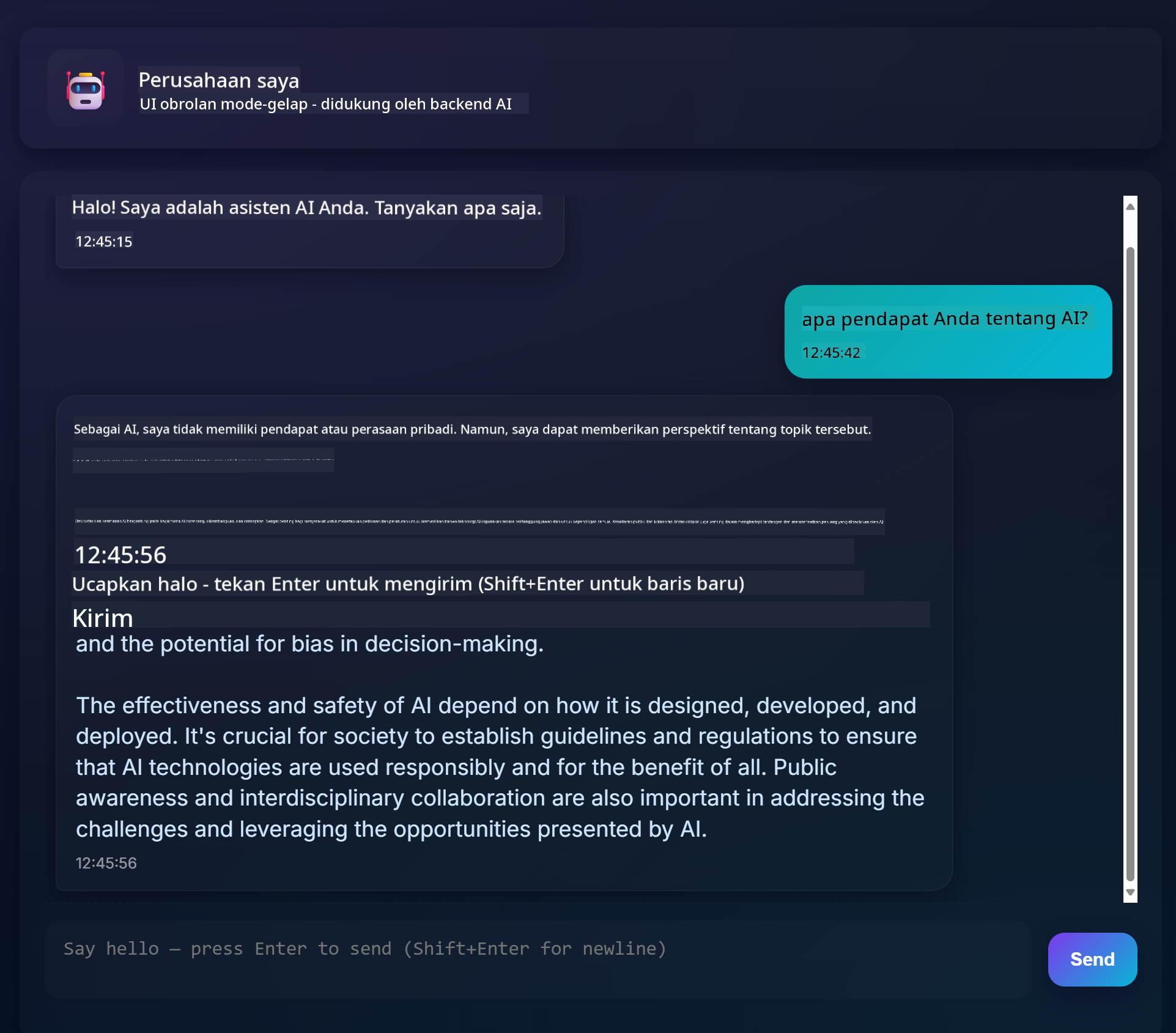 Antarmuka aplikasi chat yang menunjukkan percakapan antara pengguna dan asisten AI