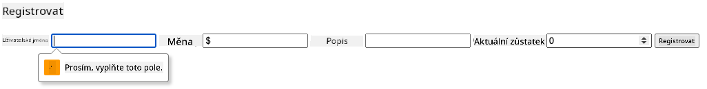Screenshot zobrazující chybu validace při pokusu o odeslání formuláře
