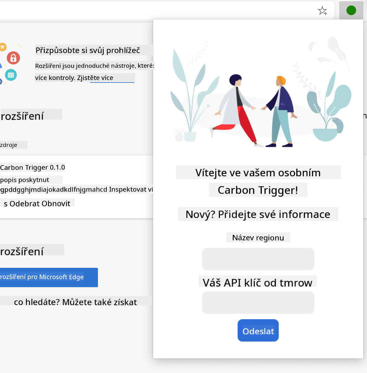 snímek obrazovky dokončeného rozšíření otevřeného v prohlížeči, zobrazující formulář s poli pro název regionu a API klíč.