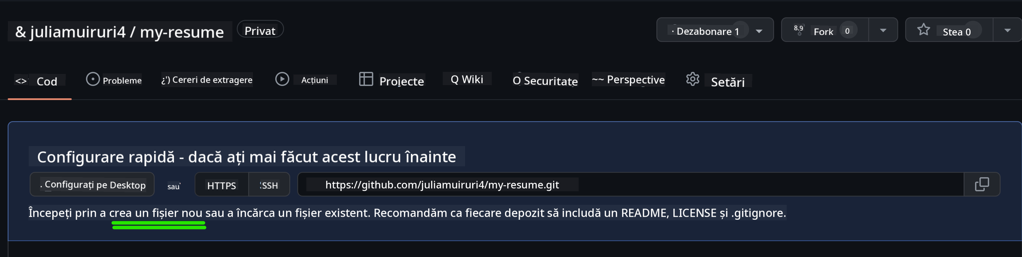 Crearea fișierului inițial pe GitHub