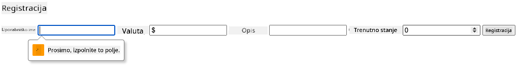 Posnetek zaslona, ki prikazuje napako validacije pri poskusu oddaje obrazca
