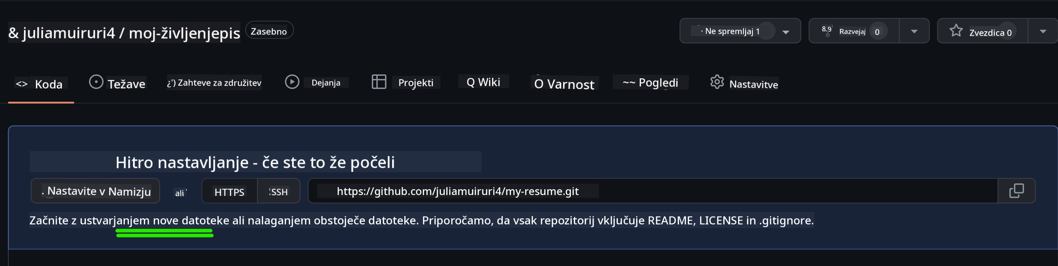 Ustvarjanje začetne datoteke na GitHubu