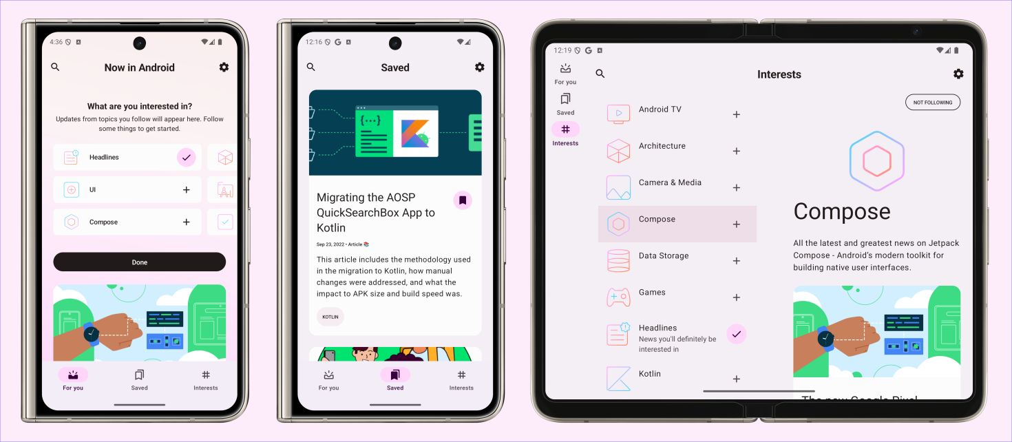 Screenshot showing For You screen, Interests screen and Topic detail screen Screenshot showing For You screen, Interests screen and Topic detail screen