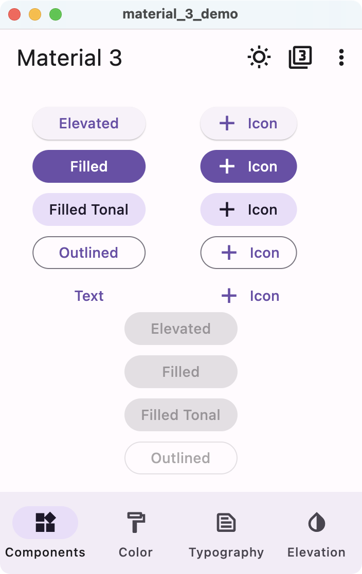 Components tab of the Material 3 demo