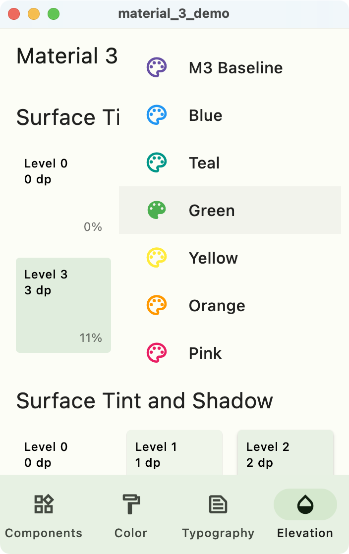 Elevation tab of the Material 3 demo with seed color of green