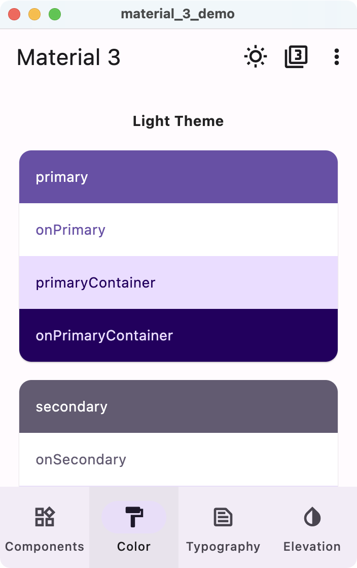 Colors tab of the Material 3 demo