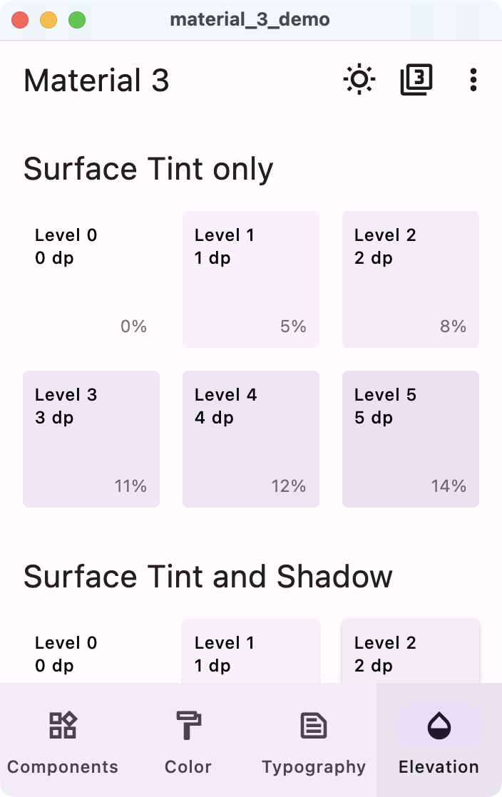 Elevation tab of the Material 3 demo